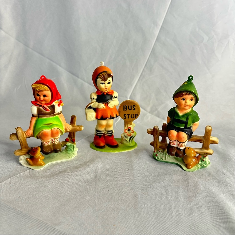 Vintage Goebel Hummel Inspired Christmas Tree Ornaments Figure set of  3 Plastic